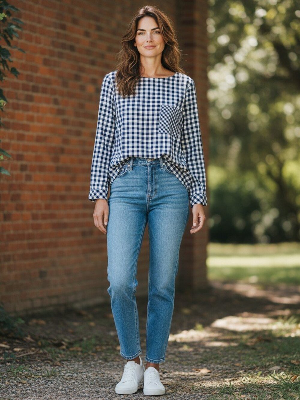 J Jill Small Blue White Checkered Gingham Long Sleeve Button Back Shirt Top Sz S